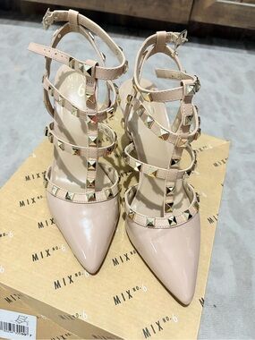 Mix No. 6 Blush Patent Studded Strappy Pointed-Toe Heels